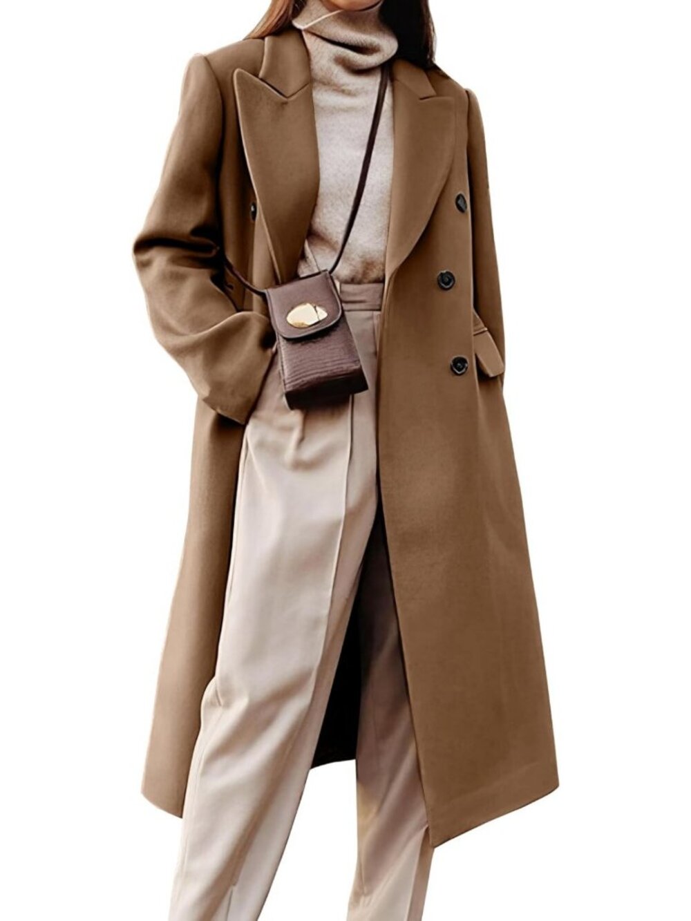 Chic Women's Long Wool Trench Coat - Double Breasted Peacoat for Fall & Winter